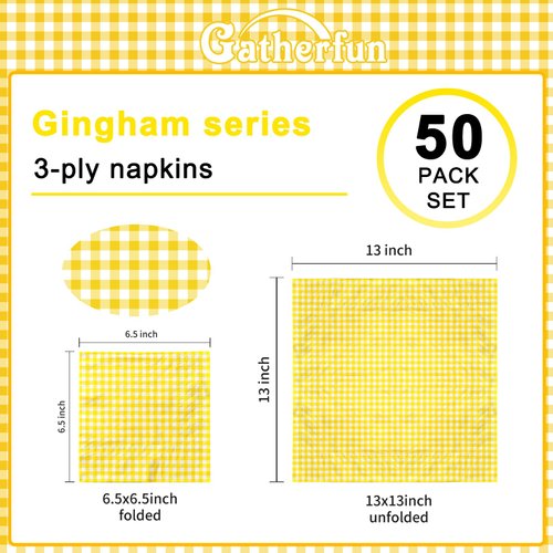 Gatherfun Party Supplies, Disposable Paper Napkins Yellow and White Gingham Napkins for Easter Party（3-ply, 6.5X6.5 in, 50-Pack)