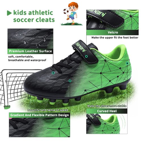 Hanani Kids Soccer Shoes Boys Baseball Cleats Girls Softball Cleat Outdoor & Indoor Firm Ground Youth Football Shoe Anti-Slip Comfortable Flexible Running & Training Unisex Child Black/Green