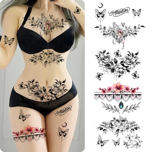 ROARHOWL sexy temporary tattoos for women,sexy tattoo kit, beautiful and exquisite,3D realistic flowers, butterflies, abdomen, chest, waist and back apply false tattoos for girl (Design 3)