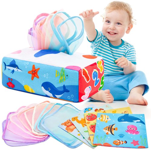Yeeeasy Baby Tissue Box Toy Montessori Baby Toys for Infant 6,9,12 Months Sensory and Crinkle Tissue Box Toy for Boys&Girls Toddler Early Learning Gifts