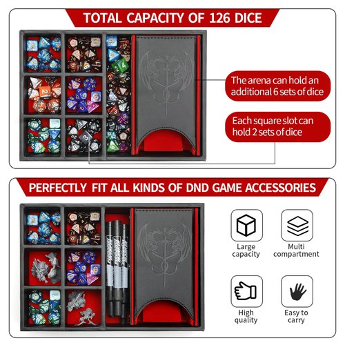Grajar DND Dice Tray and Dice Tower with storage, 3 in 1 Dice Rolling Tray with Lid, Portable Dice Box Storage, DND dice holder for Dungeons and Dragons D&D RPG MTG Table Games (red)