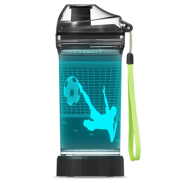 YuanDian Soccer Gifts, Light Up Kids Water Bottle with 3D Soccer Illusion Lamp- 14 OZ Tritan BPA Free - Cool Drinking Cups Gift for School Kids Boy Child Sport Soccer Lovers