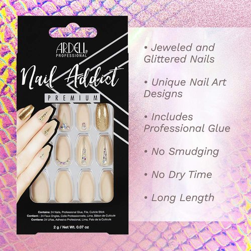 Ardell Nail Addict Premium Artificial Nail Set, Nude Jeweled Coffin Shaped With Gold Accents, 24 Press On Nails, Glue On Nails For An Easy Manicure