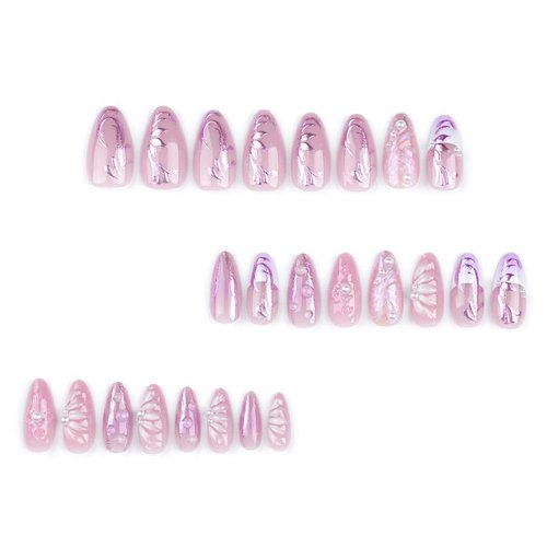BAOYAALIN Press on Nails Medium Almond Shaped Fake Nails with 3D Flower Pearls Design Full Cover Press ons Artificial Acrylic False Stick on Nail for Women Manicure 24Pcs