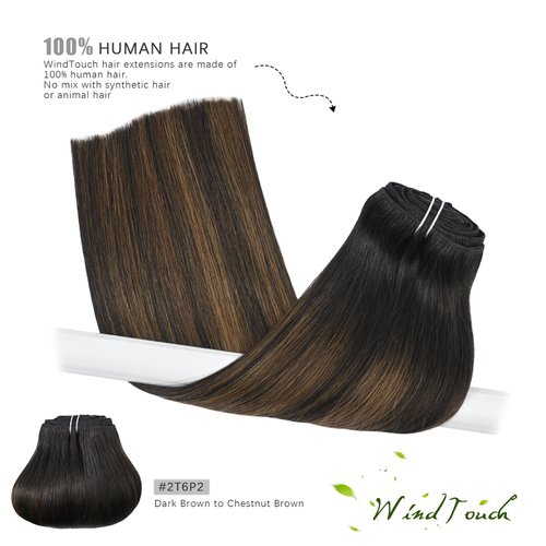 WindTouch Clip in Hair Extensions Real Human Hair 14 Inch 120g 7pcs #2T6P2 Dark Brown to Chestnut Brown Hair Extensions Clip Ins Balayage Clip in Hair Extensions for Women