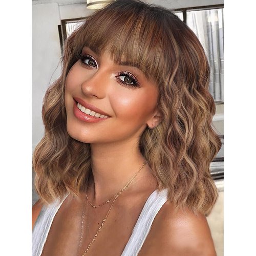 QGZ Brown Highlight Bob Wig with Bangs 12 Inches Short Wavy Synthetic Brown Mix Blonde Wig for Women Shoulder Length Hair for Daily Use