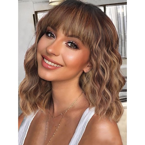 QGZ Brown Highlight Bob Wig with Bangs 12 Inches Short Wavy Synthetic Brown Mix Blonde Wig for Women Shoulder Length Hair for Daily Use
