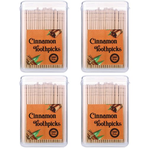 Mumufy 400 Pcs 4 Boxes Cinnamon Toothpicks for Adults Cinnamon Flavored Toothpicks with Clear Plastic Boxes, 100 Pcs for Each Box