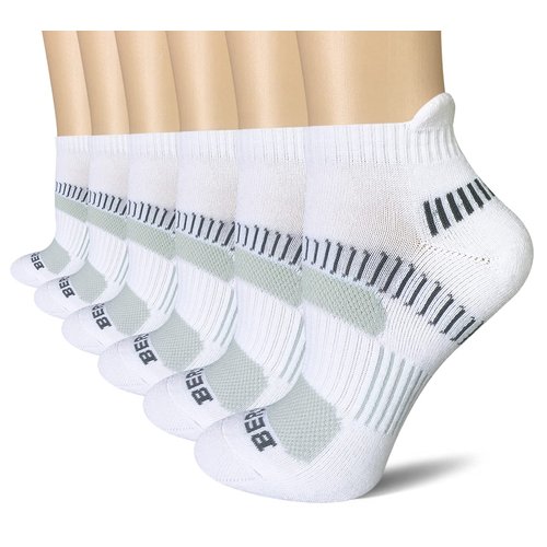 BERING Women's Performance Athletic Ankle Running Socks, Size 7-9, White, 6 Pack