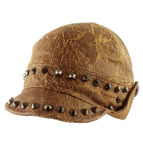 Morehats Studded Short Brim Baseball Cap Aviator Trapper Hat - Brown