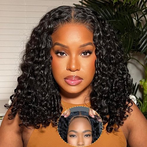 Real Wear And Go Short Curly Wig Human Hair 180% Density Black Water Wave Bob Human Hair Wigs Glueless Pre-cut 4x4 Lace Closure Wig Brazilian Human Hair 10Inch