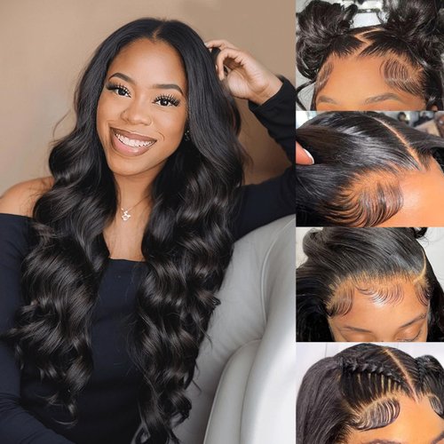 YESHURAY 13x4 Lace Front Wigs Human Hair Pre Plucked Loose Wave 250 Density HD Lace Frontal Wig with Baby Hair Transparent Glueless Loose Body Human Hair Wigs for Women 24 Inch Natural Black
