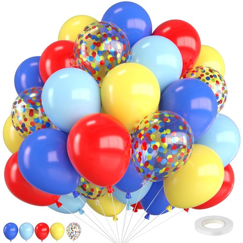 Red Blue Yellow Balloons,12 Inch Maca Blue Navy Blue Red Yellow Balloons and Colorful Confetti Balloons with Ribbon,for Birthday Baby Shower Toy Inspired Story Carnival Theme Party Decorations