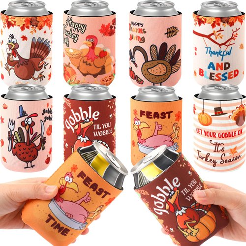 24 Pcs Thanksgiving Can Cooler Sleeves 12 oz Funny Can Sleeves Turkey Pumpkin Neoprene Insulated Beer Can Bottle Sleeves for Happy Thanksgiving Happy Turkey Day Party Favors Supplies