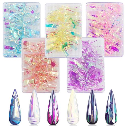 CHANGAR 5 Colors Gradient Aurora Glass Paper Nail Sticker, Reflective Mirror Design Broken Glass ...