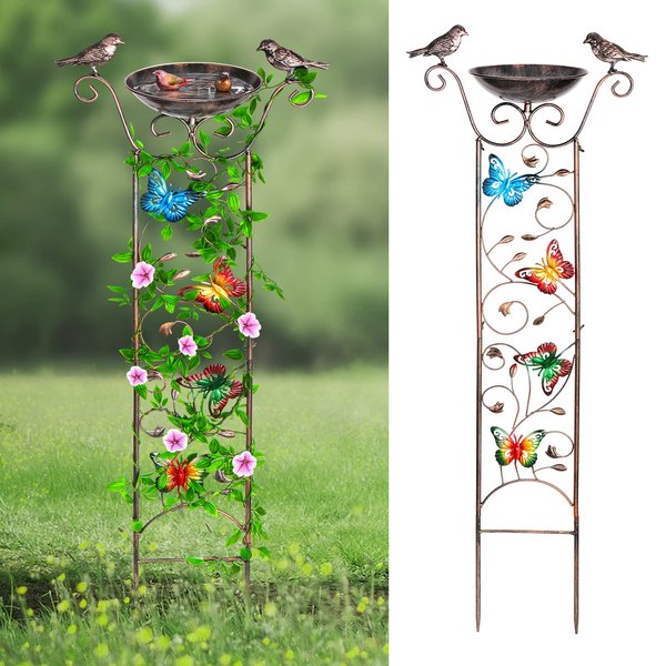 Desgully Bird Bath with Garden Trellis for Climbing Plants Outdoor, with Decorative Butterflies Free Standing Detachable Bird Feeder Bowl Bird Baths for Outdoors Antique Iron