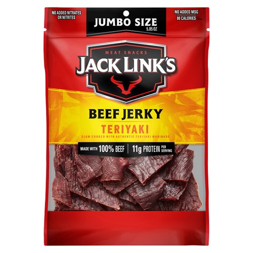 Jack Link's Beef Jerky, Teriyaki, 5.85 oz. Sharing Size Bag - Flavorful Meat Snack, 10g of Protein and 80 Calories, Made with Premium Beef - 95 Percent Fat Free, No Added MSG** or Nitrates/Nitrites