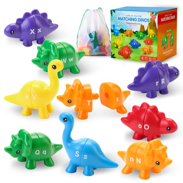 NAODONGLI 26 Pcs ABC Learning Toys for Toddlers 2-4 Years,Double Sided Dinosaur Alphabet Matching Games for Kids,Montessori Educational Preschool Learning Activities Toys Gifts for Boys Girls Ages 3+