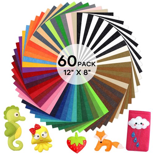 HTVRONT Felt Sheets for Crafts - 60pcs Felt Squares A4-8x12" Stiff Felt Sheets, Assorted Colors Craft Felt, 1mm Stiff Felt Fabric for Sewing, Patchwork, Decoration, Embroidering, Book, Felt Papers