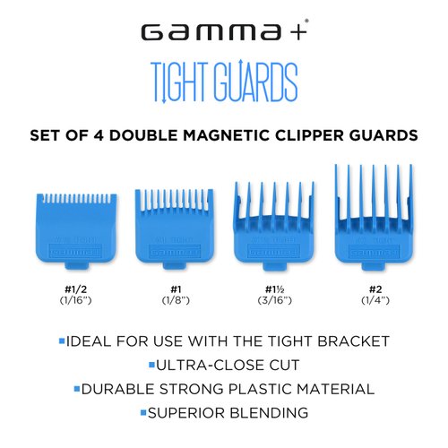 GAMMA+ Professional Dub Magnetic Hair Clipper Guards from 1/16 to 3/4 (Cyan Blue 4-PK)