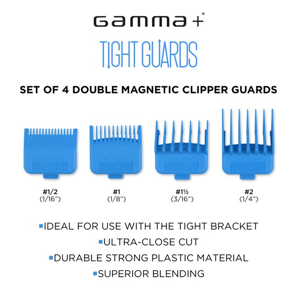 GAMMA+ Professional Dub Magnetic Hair Clipper Guards from 1/16 to 3/4 (Cyan Blue 4-PK)