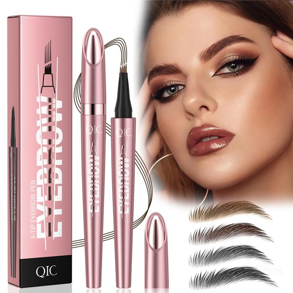 4 PCS Microblading Waterproof Eyebrow Pen, 4 Tipped 3D Magic Eyebrow Pencil Contouring Pen, Long Lasting Natural Fine Stroke, Light Brown, Dark Brown, Grey, Black (4 Colors Eyebrow Pen)