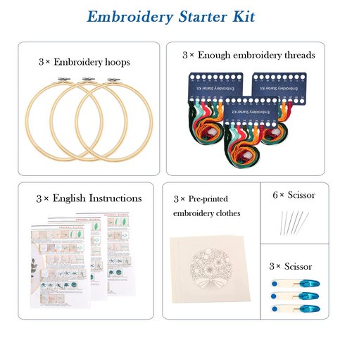 Maydear 3 Pack Embroidery Starter Kit with Pattern, Stamped Cross Stitch Kits for Beginners Adults with Embroidery Hoop and Instructions, Hand Embroidery Kit (Embroidery Kit for Beginners)
