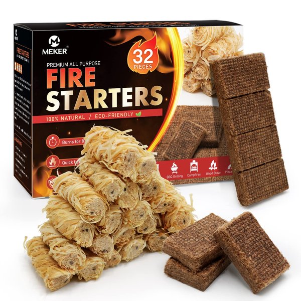 MEKER Fire Starters - Natural Fire Starters for Fireplace, Campfires, Fire Pit, BBQ Grill, Wood Stove, All Weather Charcoal Starter, Wood Wool Firelighters & Odorless Fire Starter Eco Friendly