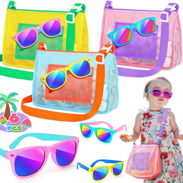 GIFTINBOX Beach Toys Mesh Beach Bag, 3 Pcs Mesh Bag with 3 Pcs Kids Sunglasses Bulk, Kids Beach Bag Seashell Bag Beach Toy Bag with neon Kids Sunglasses,Beach Essentials Beach Accessories for Kids