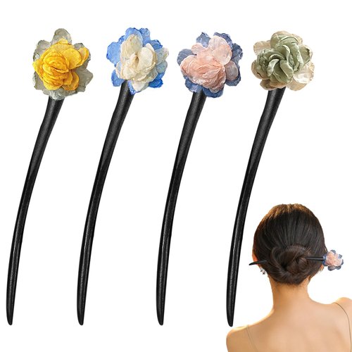 4 Pack Camellia Flower Hair Pins Floral Hair Buns Chinese Flowers Hair Chopsticks Elegant Vintage Hair Stick Classical Styling Accessories for Women and Girls