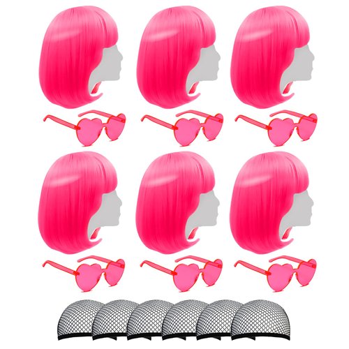 Short Bob Colored Wigs with Bangs,6 Pack Bob Wigs Fruit Beach Series Set Cosplay Wig with Heart Shape Sunglasses, Hairpieces for Neon Halloween Costume Wig Bachelorette Party Decorations (Hot Pink )