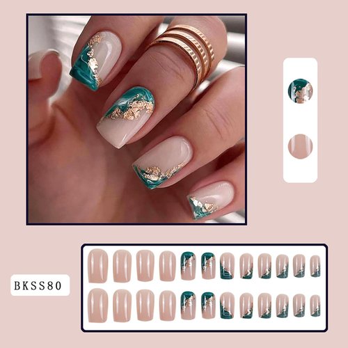 Medium Press on Nails Marble Square Shape Fake Nails French Tip Glue on Nails Full Cover Acrylic Nails Cute False Nails Medium Length Stick on Nails Glossy Artificial Nails for Women DIY Manicure