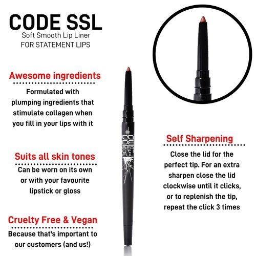 CODE Beautiful Lip Liner | 3 in 1 Lipliner Lipstick Lip Plumper | Lip Liner Sharpener Built In | Nude Lip Liner | Vegan & Cruelty Free Lipliner | SSL Soft Smooth Lip Liner