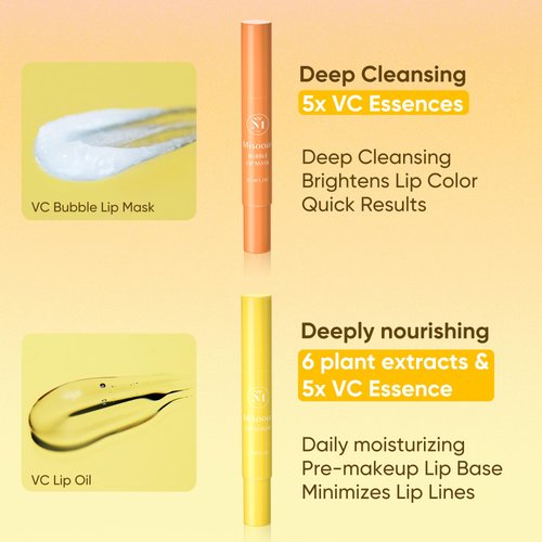 Misoour Lip Balm and Lip Mask Set - Lip Moisturizer with Vitamin C and Squalane, Lip Sleeping Mask for Hydrating and Nourishing, Bubble cleansing lip Gel x 1 and Lip Serum x 2 (0.14 floz Pack of 3)
