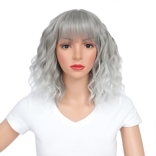 SWACC 12 Inch Short Curly Wavy Bob Wig with Bangs Synthetic Hair Wig for Women with Wig Cap (Grey...