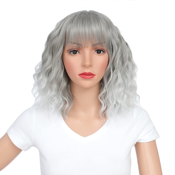SWACC 12 Inch Short Curly Wavy Bob Wig with Bangs Synthetic Hair Wig for Women with Wig Cap (Grey Silver Ombre)