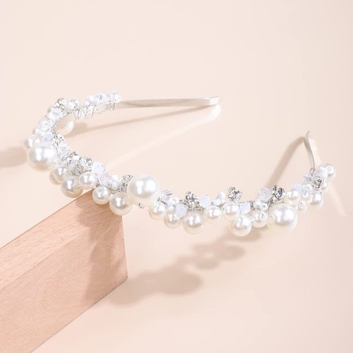 JWICOS Silver Bridal Headband Pearl Tiara for Women Rhinestone Wedding Hair Accessories for Brides and Bridesmaid Headpieces for Prom Pageant Birthday Party (Silver)