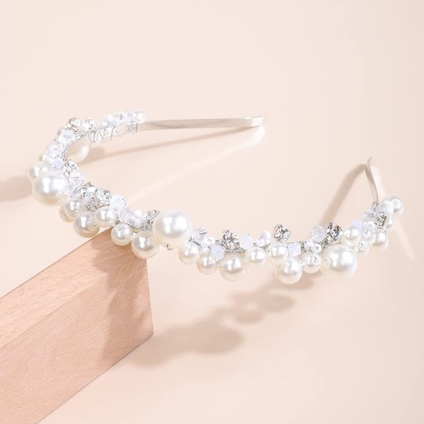 JWICOS Silver Bridal Headband Pearl Tiara for Women Rhinestone Wedding Hair Accessories for Brides and Bridesmaid Headpieces for Prom Pageant Birthday Party (Silver)