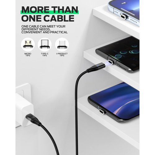 YKZ 3 in 1 Magnetic USB C to C Cable, Magnet Charging Cable, [3.3FT+6.0FT] PD 60W Fast Charger Nylon Braided Cord Compatible with Type C and Android Devices (Black)