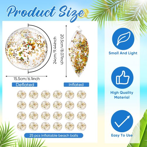 Hungdao 25 Pcs Inflatable Glitter Beach Ball 8 Inches Mini Clear Floatable Confetti Ball for Kids Bulk Swimming Pool Theme Party Ball for Hawaiian Theme Party Decorations Favors Supplies (Gold)