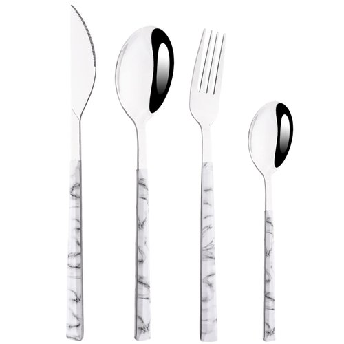 BRIIEC 24Pcs White Imitation Marble Pattern Handle Flatware Silverware Set, Stainless Steel Cutlery Set for 6, Square Handle Eating Utensils, Mirror Polished for Home Kitchen Bar Restaurant