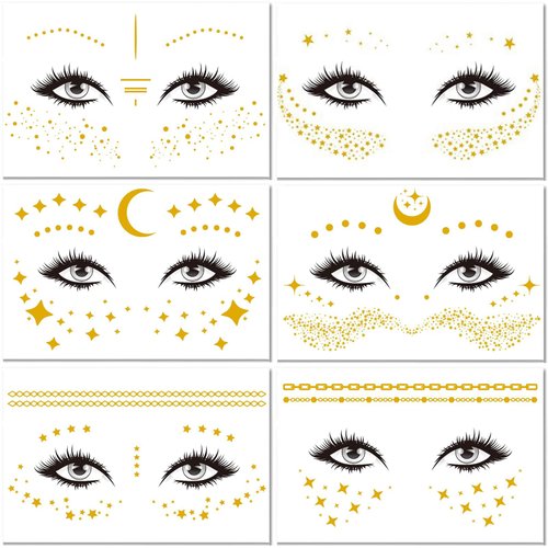 Briyhose Gold Moon Star Temporary Tattoo Sticker For Face Women Metallic, Star Dot Freckle Flash Face Tattoo Adult Girl, Twinkle Glitter Golden Temp Tatoo Carnival Halloween Party Body Makeup, 6-Sheet