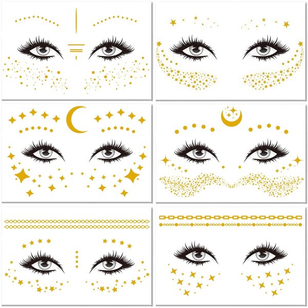 Briyhose Gold Moon Star Temporary Tattoo Sticker For Face Women Metallic, Star Dot Freckle Flash Face Tattoo Adult Girl, Twinkle Glitter Golden Temp Tatoo Carnival Halloween Party Body Makeup, 6-Sheet
