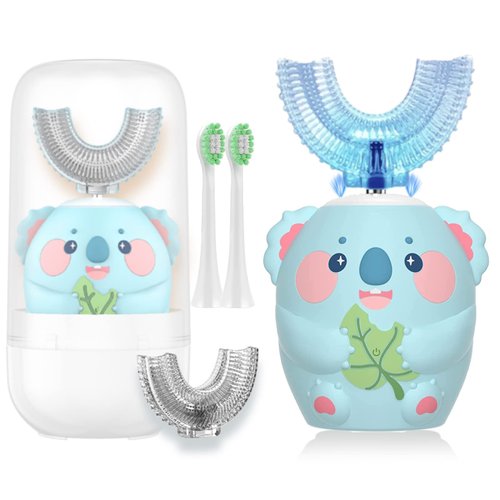 Geacker Kids Electric Toothbrush, U Shaped Toothbrush Kids Sonic Automatic Brush with 4 Brush Heads 6 Cleaning Modes IPX7 Waterproof Rechargeable Smart Timer for Children (Ages 8-14, Koala Cyan)