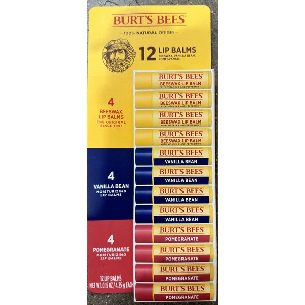 Burtt's Bees 100% Natural Lip Balm 12-Pack, 4 Beeswax, 4 Vanilla Bean, 4 Pomegranate, 0.15 oz Each (1)