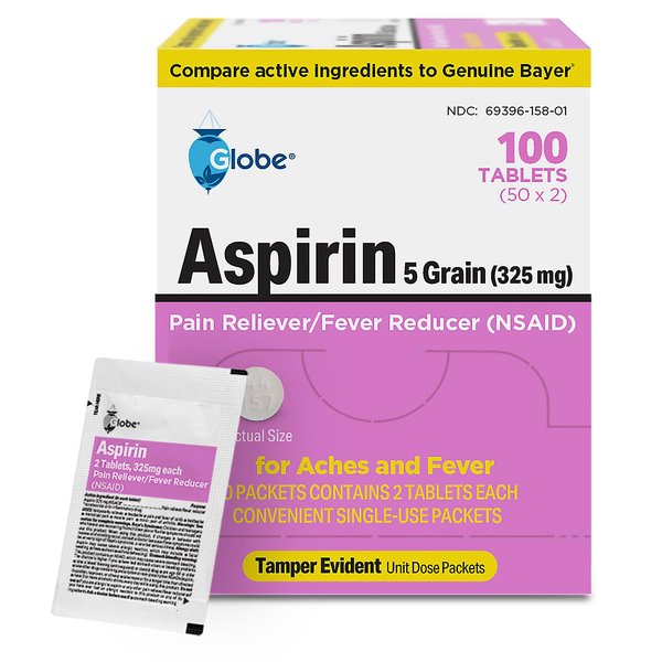 Globe Aspirin Tablets, 325 mg - 100 Count, Single Use Packets, NSAID Pain Relief, Pain Reliever & Fever Reducer, Arthritis Pain Relief, Headache Relief, Migraine Medicine Aspirin Pain Reliever.