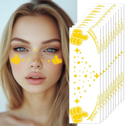 Gold Glitter Freckles Temporary Face Fake Tattoos For Women, Sparkle Waterproof Makeup Patches, Glow Up Faux Thumb Up Symbol Speckles - 10 Count