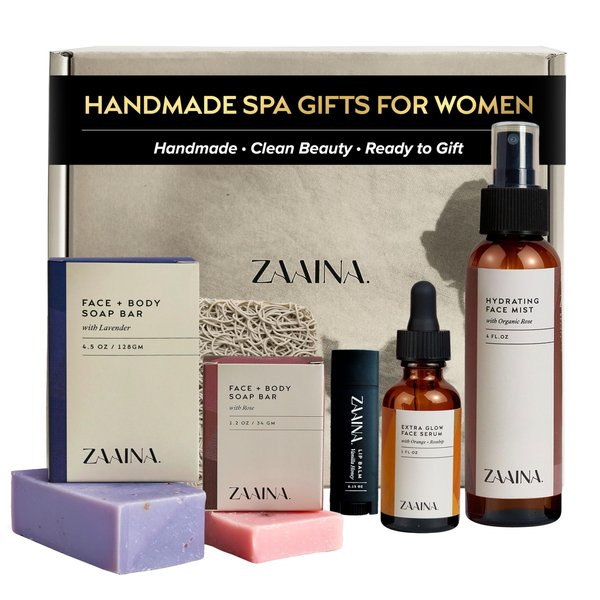 ZAAINA Spa Gift Basket for Women - Natural Self Care Kit, Handmade Soaps, Face Mist, Serum - Deluxe Set