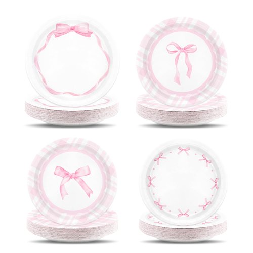 LANGASQUE Bow Party Decorations Tableware, 48Pcs Coquette Birthday Decorations Pink Bow Paper Plates, Bow Theme Tableware Party Supplies for Girl Birthday Baby Shower Bachelorette Bridal