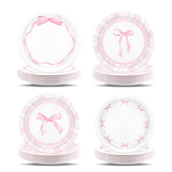 LANGASQUE Bow Party Decorations Tableware, 48Pcs Coquette Birthday Decorations Pink Bow Paper Plates, Bow Theme Tableware Party Supplies for Girl Birthday Baby Shower Bachelorette Bridal